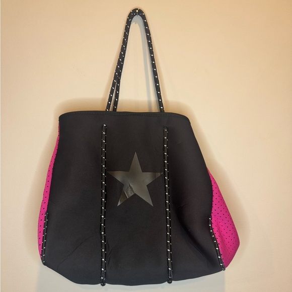 Stylish Black and Pink Neoprene Star Tote Bag with zip pouch - Picture 2 of 6